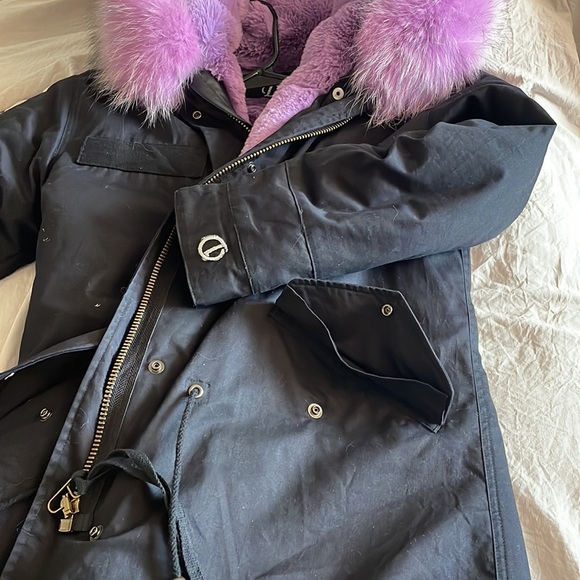 Damiani Women's Hooded Faux Fur Trim Parka Jacket black & purple - Picture 4 of 4